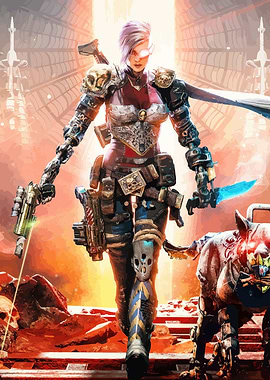 Cyberpunk Warrior with Robotic Companion