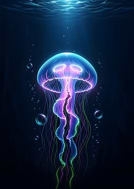 Glowing Jellyfish in Deep Blue Sea