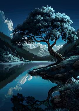 Night Lake Landscape with Tree Reflection