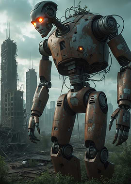 Rusted Giant Robot Standing Over a Post-Apocalyptic City