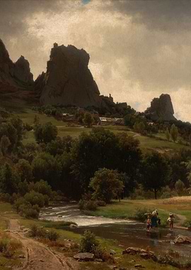 Landscape Painting with Figures Crossing Stream