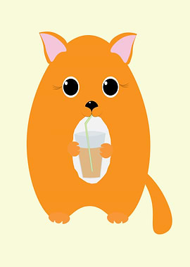 Orange Cat Drinking Beverage Illustration