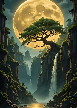 Moonlit Waterfall Landscape with Bonsai Tree
