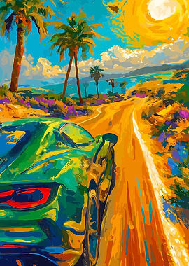 Tropical Road Trip with Green Car