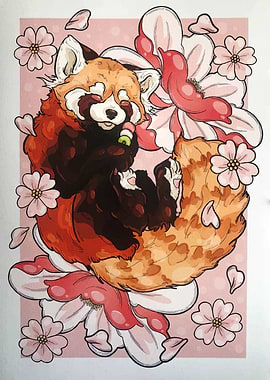 Red Panda with Dango and Flowers