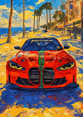 Red Car on Beach Painting