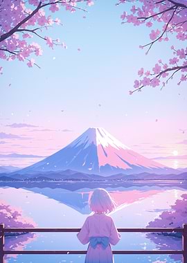 Anime Girl Gazing at Mount Fuji Cherry Blossom