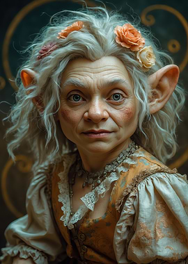 Elder Forest Elf Portrait — Whimsical Elderly Fairy with Floral Crown