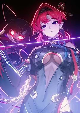 Anime Girls with Red Hair and Robot