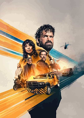 Action Movie Poster with Characters and Vehicles