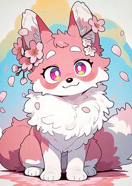 Cute Pink Fox with Cherry Blossoms