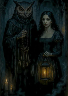 Owl-headed figure with woman and lantern