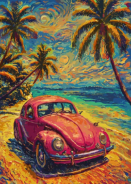 Vintage Car on Tropical Beach Painting