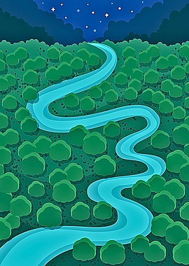 Winding River Through Forest at Night