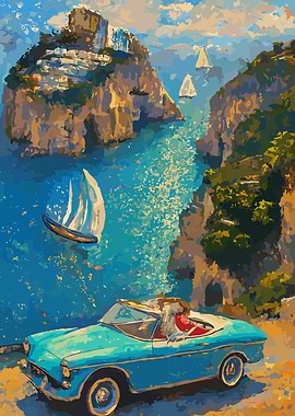 Coastal Drive: Turquoise Car by the Sea