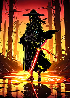 Samurai with Red Sword in Bamboo Forest