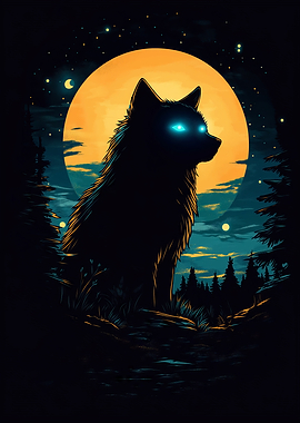 A minimalist wolf silhouette with glowing blue eyes