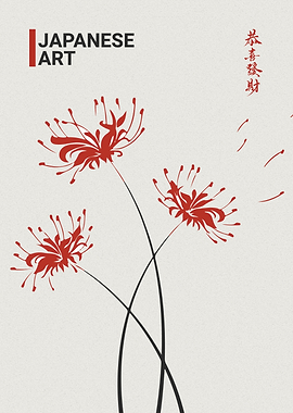Japanese Art Red Spider Lily Flowers