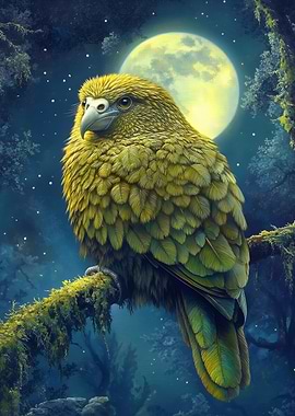 Kea Parrot Under Moonlight