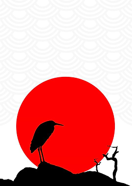 Japanese Crane Silhouette with Rising Sun