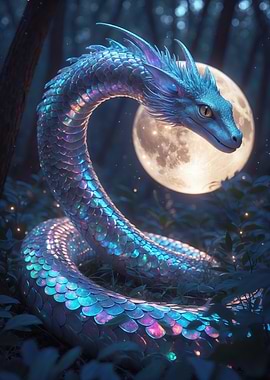 Iridescent Moonlit Dragon Serpent — Blue Fantasy Creature Art
