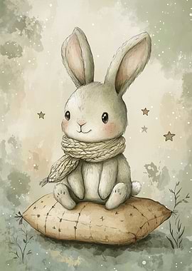 Watercolor Bunny with Scarf on Pillow