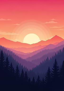 Mountain Sunset Landscape Illustration