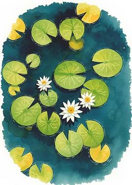 Watercolor Lily Pads and Flowers