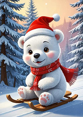 Cute Polar Bear Sledding Winter