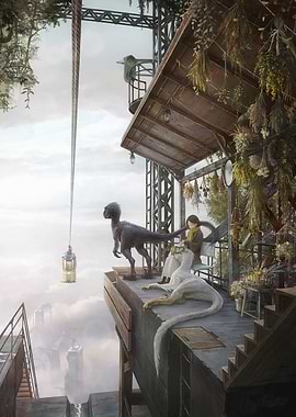 Rooftop Scene with Dinosaurs and Girl