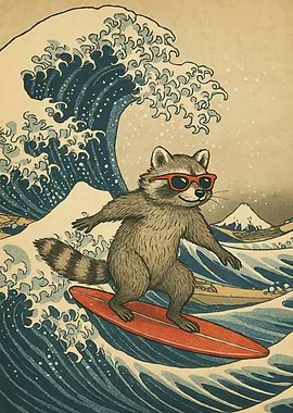 Surfing Raccoon Great Wave