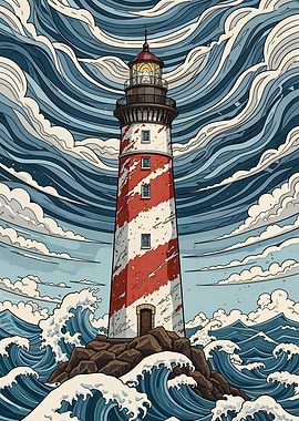 Lighthouse on Rocky Coastline with Waves