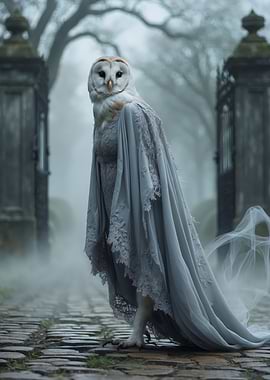 Owl in Dress on Misty Path