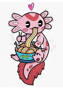 Axolotl Eating Ramen Cartoon Illustration