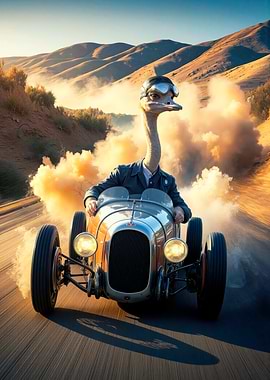 Ostrich driving vintage race car
