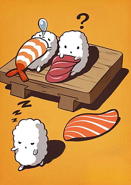 Cartoon Sushi Characters on Wooden Plate