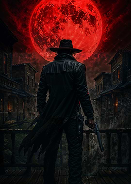 Western Gunslinger Under Red Moon
