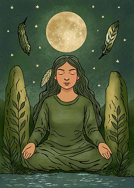 Meditating Woman Under Moonlit Sky