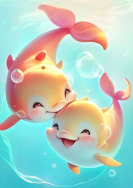 Cute Cartoon Dolphins Underwater