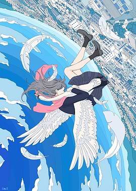 Girl with Swan Wings Falling