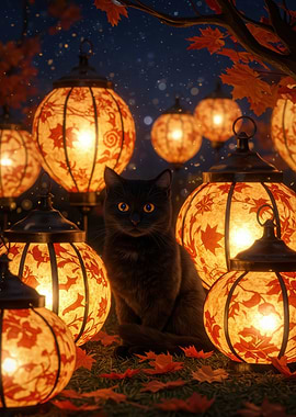 Black Cat and Autumn Lanterns