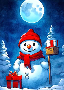 Snowman with Gifts under Moonlight
