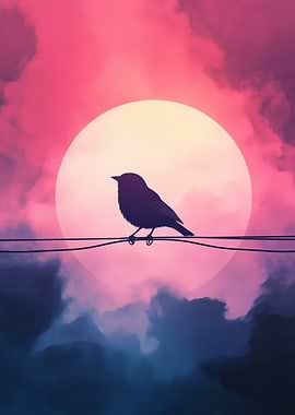 A minimalist silhouette of a bird perched on a wire