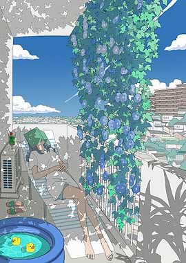 Summer Balcony Nap with Morning Glories