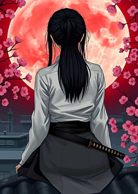 Samurai Girl Under Red Moon