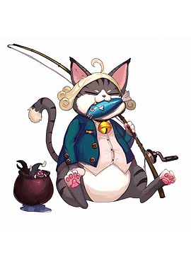 Cartoon Cat with Fish and Fishing Rod