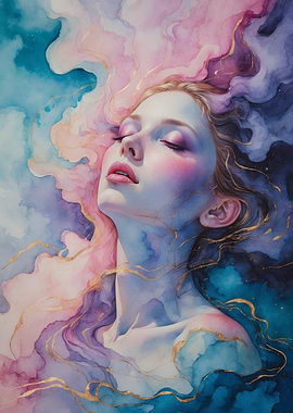 Watercolor Woman with Golden Accents