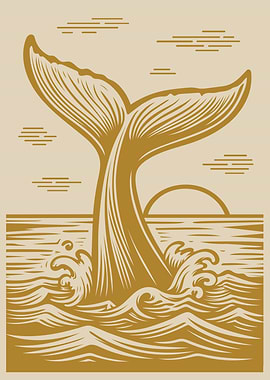 Whale Tail with Sun and Waves Golden Beige