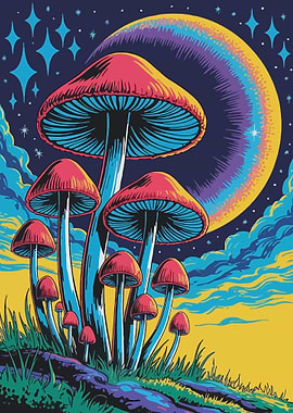 Psychedelic Mushroom Landscape with Rainbow Moon