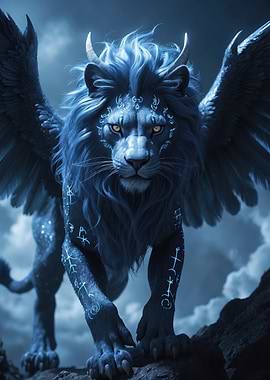 Blue Mystic Winged Lion with Glowing Runes
